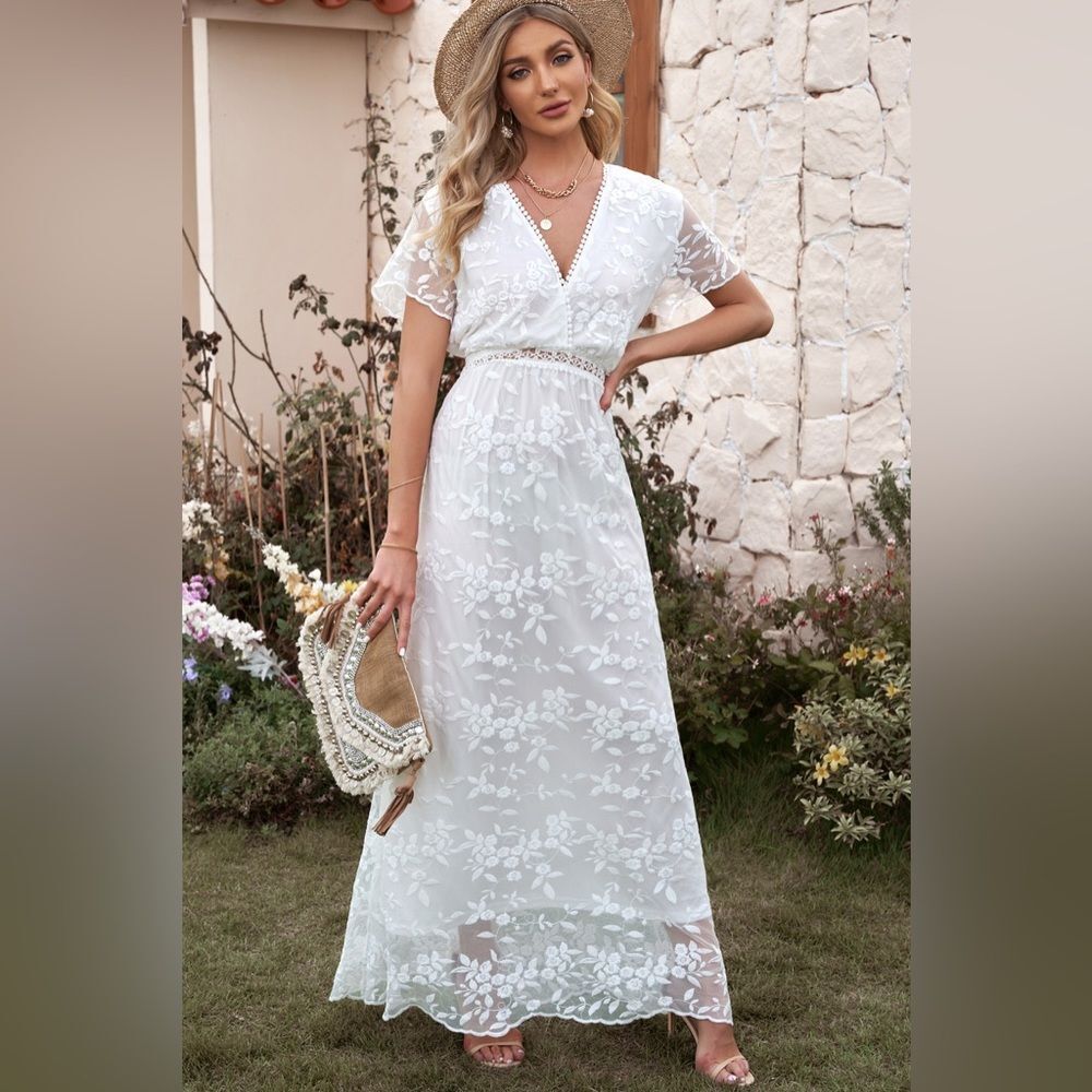 White Lace Embroidered Short Sleeve Surplice Neck Maxi Dress Bridal Wedding​